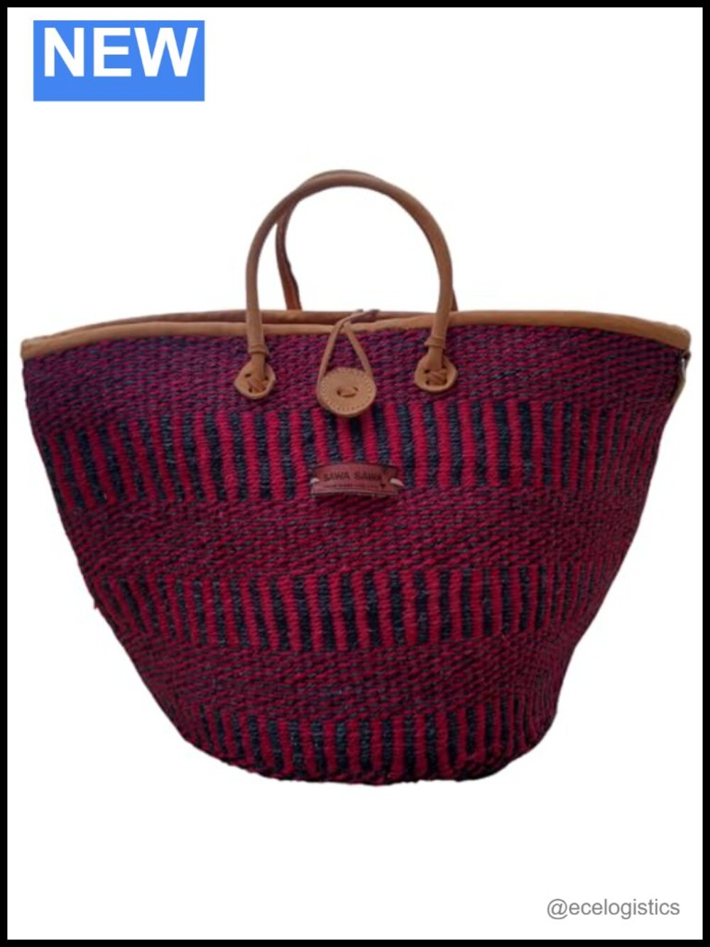 Handwoven Sisal Tote Bag, Leather Handles, Button Closure, Summer Beach Market